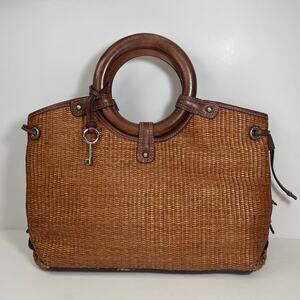 Vintage Fossil Brown Straw Basket Weave Handbag Purse